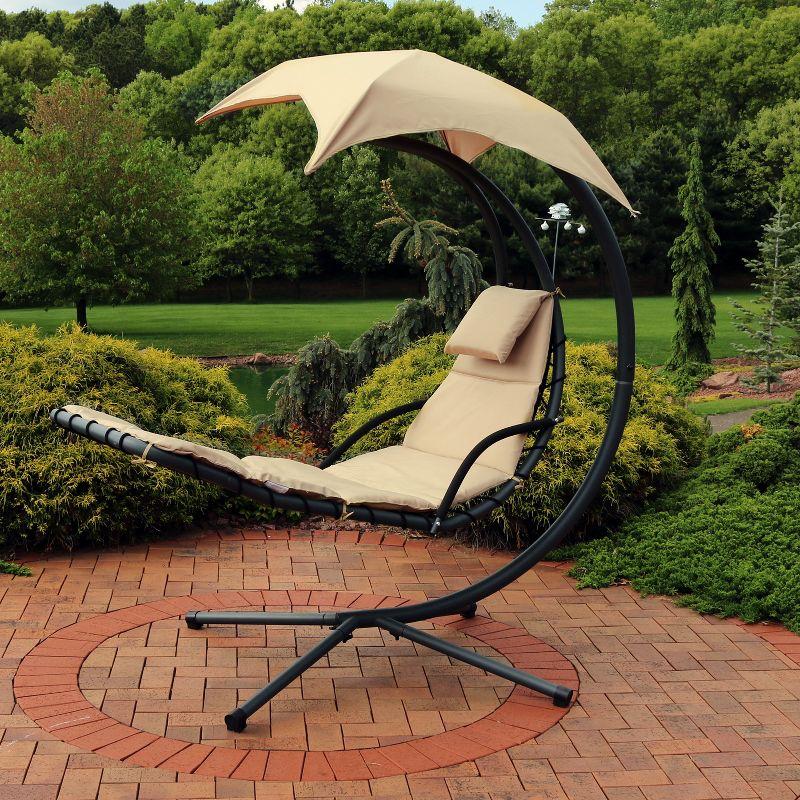 Sunnydaze Outdoor Hanging Chaise Floating Lounge Chair with Canopy Umbrella and Stand, Beige, 2pk