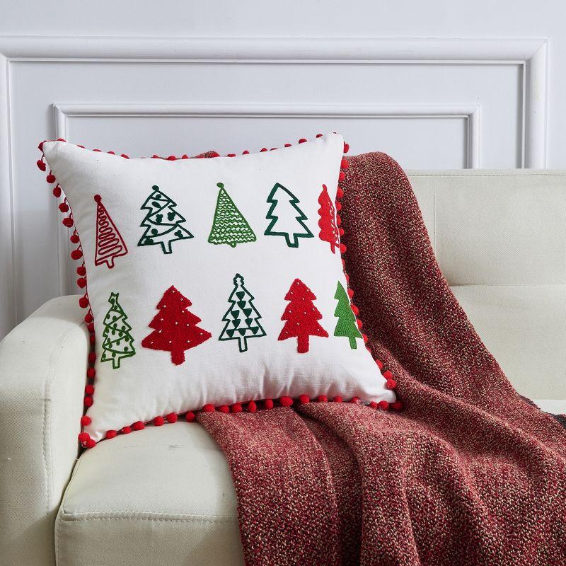 Festive Square 18" White and Red Embroidered Holiday Pillow