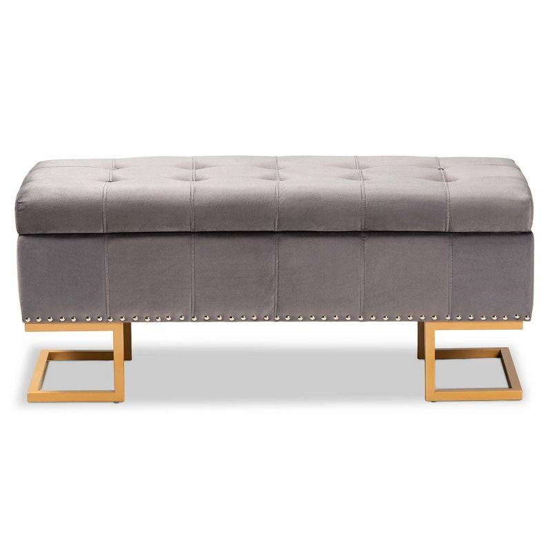 Ellery Grey Velvet Tufted Storage Ottoman with Gold Base