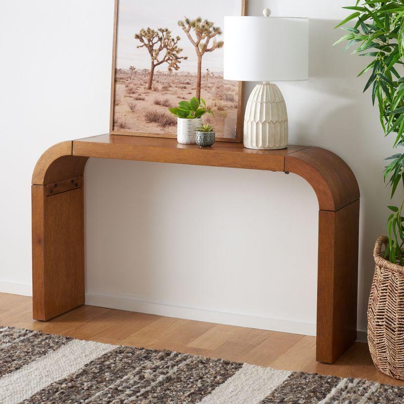 Natural Wood and Black Metal Curved Console Table