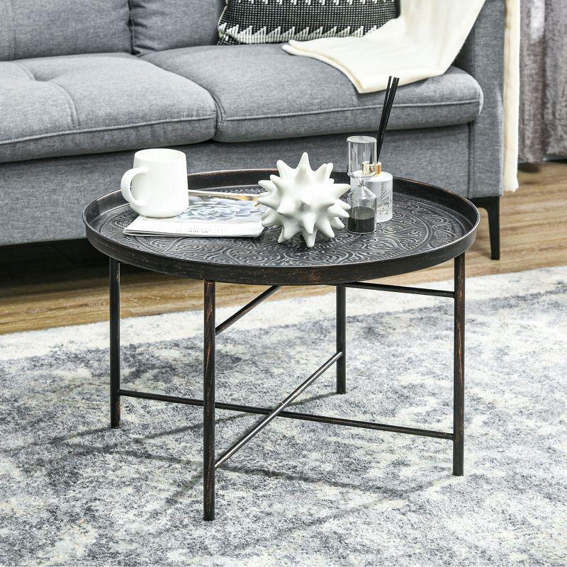 HOMCOM 24" Round Coffee Table with Hammered Tray Top, Vintage Metal Center Table for Living Room, Bedroom, Side Table, Pewter
