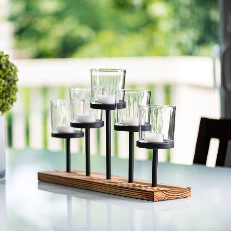 Le'raze Elegant Decorative Votive Candle Holder Centerpiece, 5 Glass Cups on Wood Base-Tray