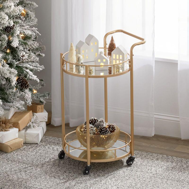 Soft Brass Round Metal Bar Cart with Glass Shelves