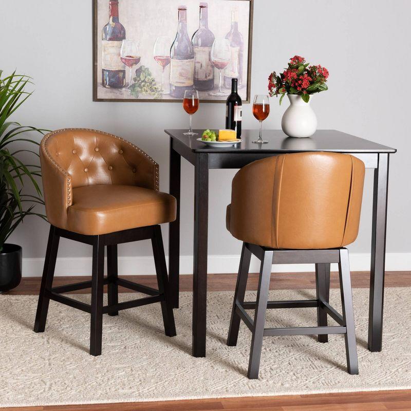 2pc Theron Faux Leather and Wood Swivel  Counter Height Barstool Set Tan/Espresso Brown - Baxton Studio: Mid-Century, Button-Tufted, Nailhead Trim
