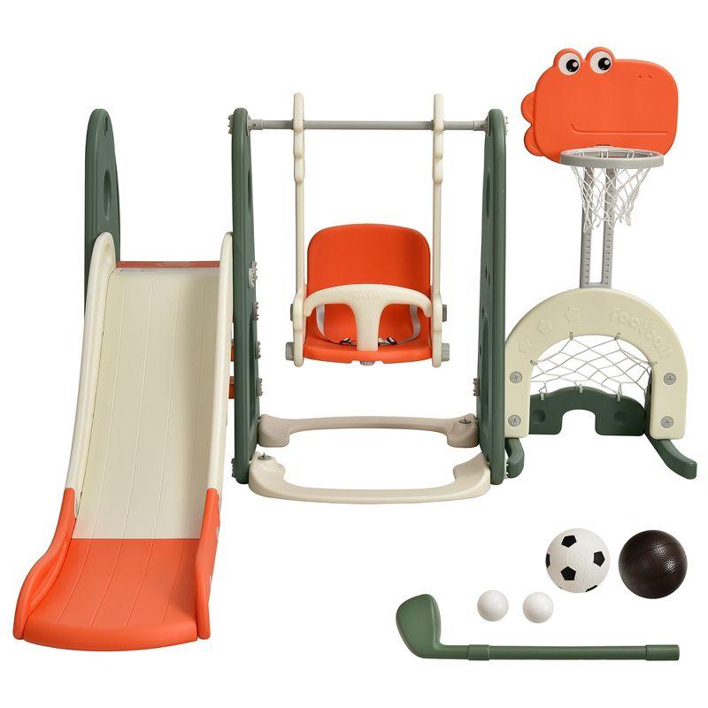 Costway 6 in 1 Toddler Slide and Swing Set Climber Playset w/ Ball Games White\Orange