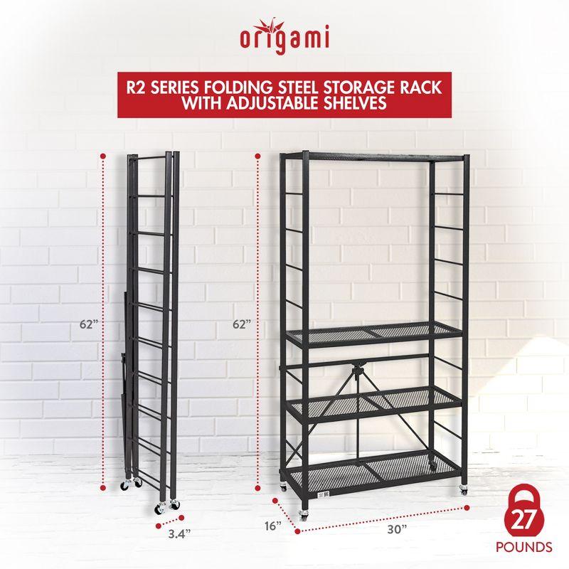 Origami R2 Series Folding Portable Heavy Duty Durable Powder Coated Steel Storage Rack with 10 Adjustable Shelves and Wheels, Black