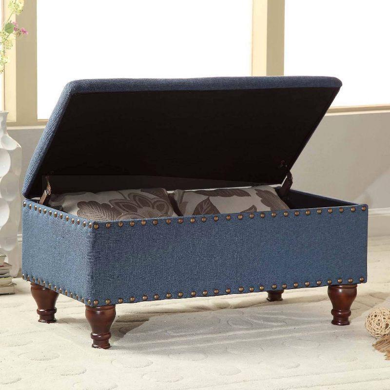 Elegant Nailhead Trim Storage Ottoman Bench in Linen-Blue