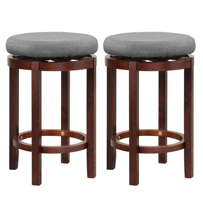 Costway Set of 2 Upholstered Swivel Round Bar Stools 26'' Wooden Pub Kitchen Chairs Gray