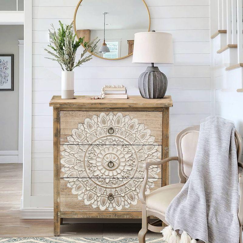 Whitewashed Carved Medallion 3-Drawer Accent Chest in Natural Wood