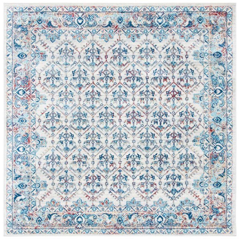 Ivory and Blue Square Synthetic Stain-Resistant Area Rug