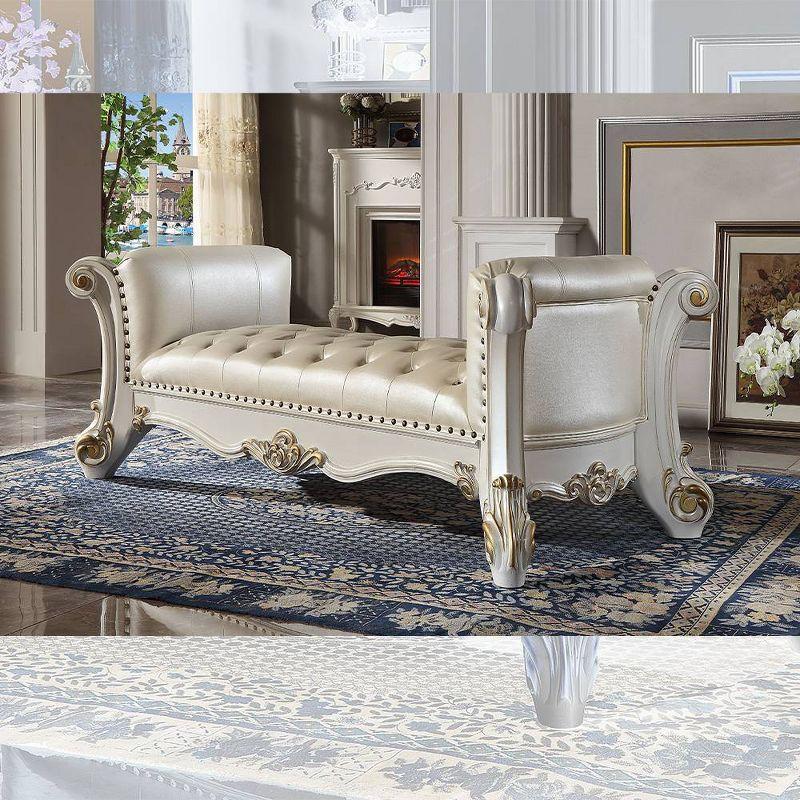 Acme Furniture 74" Vendome Ottoman and Bench Pearl Synthetic Leather and Antique Pearl Finish: Linen Upholstery, Metal Legs, No Tools Assembly