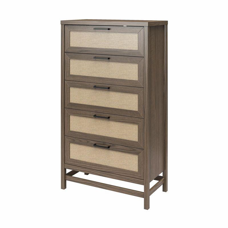 Medium Brown Coastal 5-Drawer Dresser with Faux Rattan Fronts