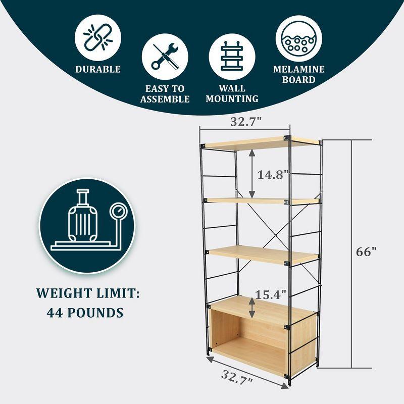 LeisureMod Etagere 4 Shelves Bookcase with Black Stainless Steel Frame and Melamine Board Shelves