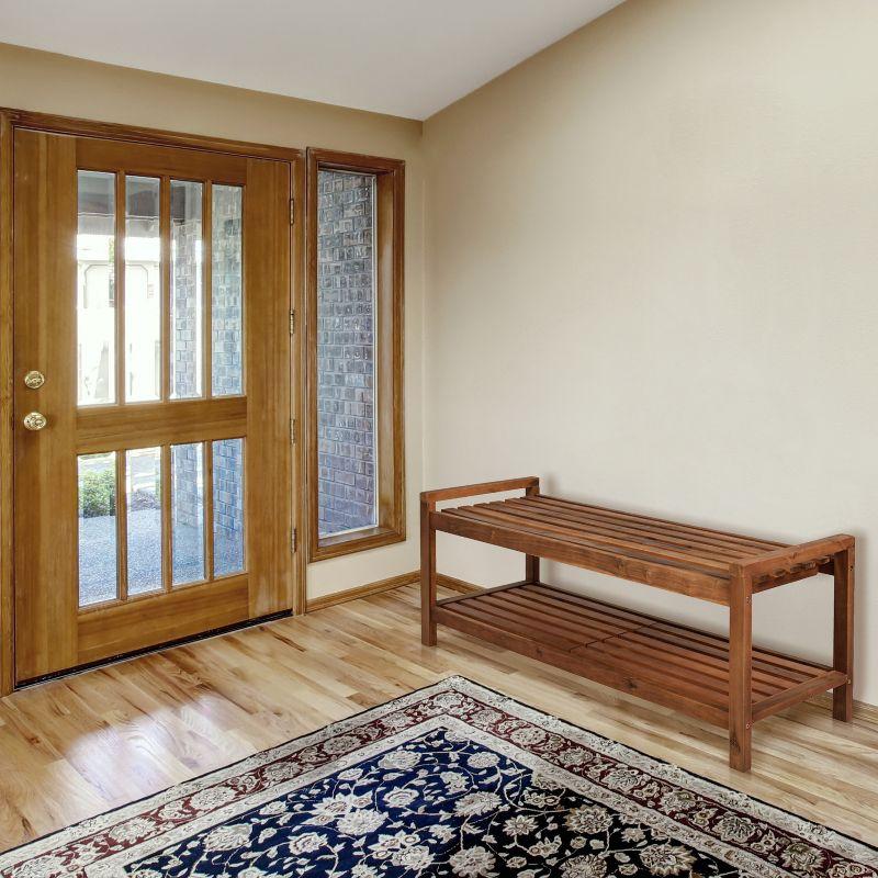Blane 3-Seat Mid-Century Modern Acacia Wood Slat Outdoor Garden Patio Bench, Teak - JONATHAN Y