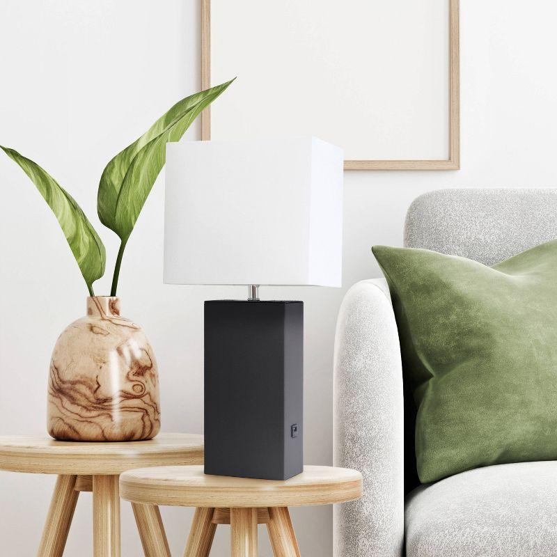 Lalia Home 21" Lexington Leather Base Modern Home Decor Bedside Table Lamp with USB Charging Port and Fabric Shade Black/White: UL Listed