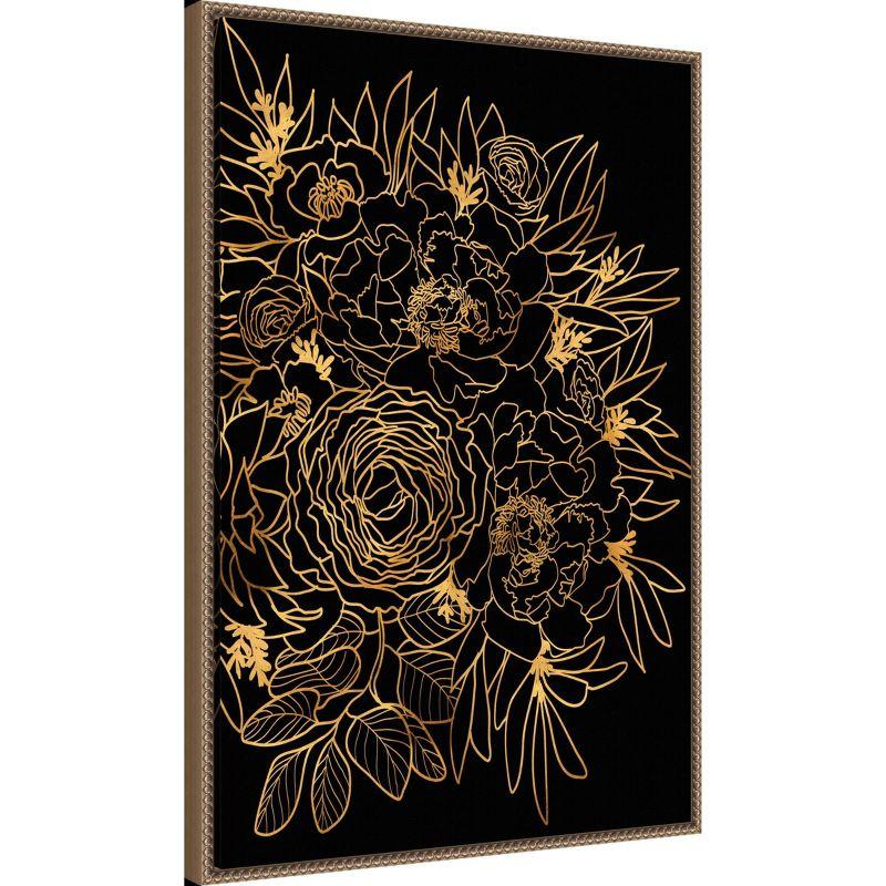 Amanti Art 23"x33" Rose bouquet in gold and black by Rosana Laiz Blursbyai Framed Canvas Wall Art Print: Modern Botanical Lithograph