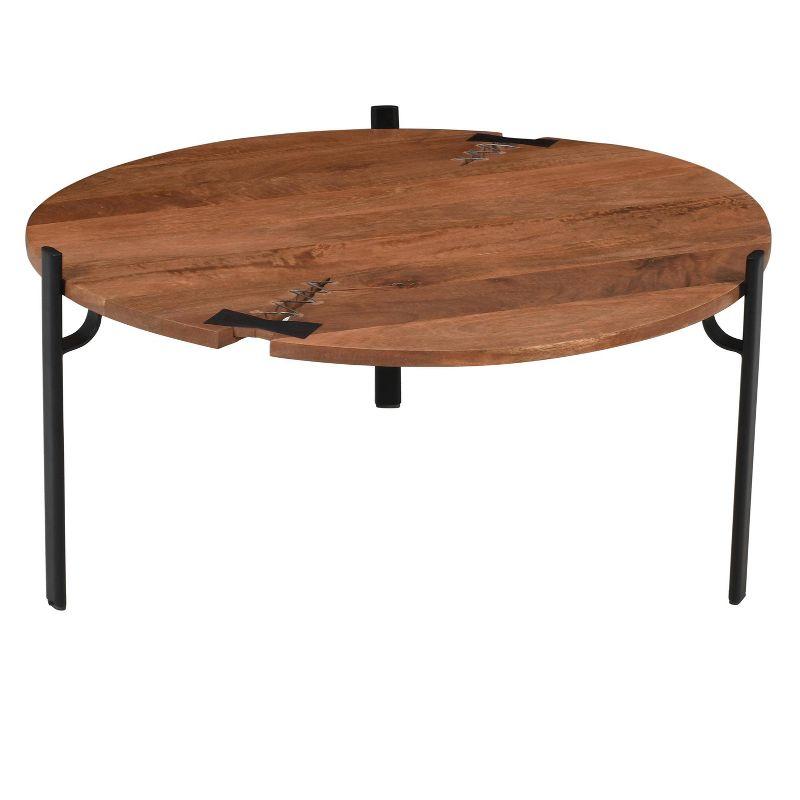 The Urban Port 31" Handcrafted Round Live Edge Mango Wood Coffee Table with Cracks and Stitches Black Iron Legs Brown/Black