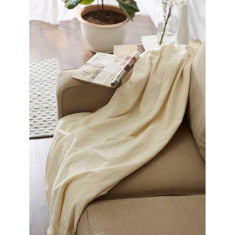 Cream Knitted Chenille Throw Blanket with Fringe