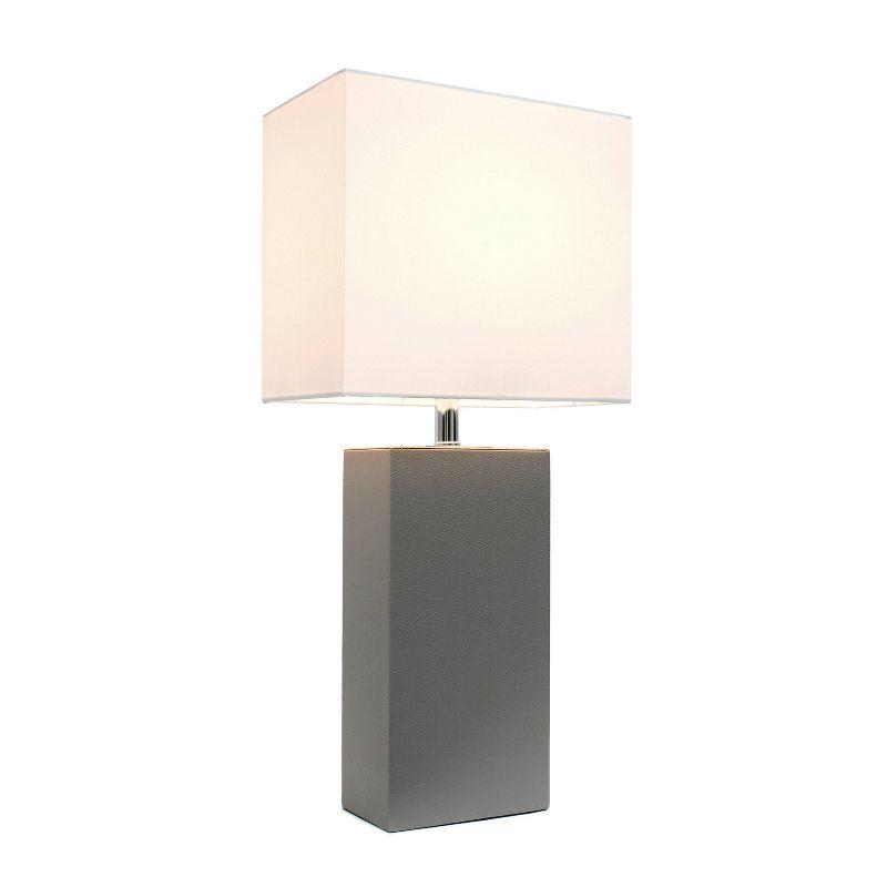 21" Gray Leather Base Table Lamp with White Fabric Shade