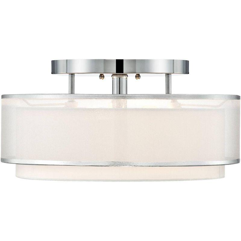 Possini Euro Design Modern Ceiling Lighting Semi Flush Mount Fixture 16" Wide Chrome 2-Light Sheer Outer Off White Inner Drum Shade for Bedroom House