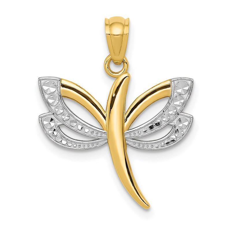 Black Bow Jewelry 14k Yellow Gold and White Rhodium Two Tone Dragonfly Pendant, 18mm