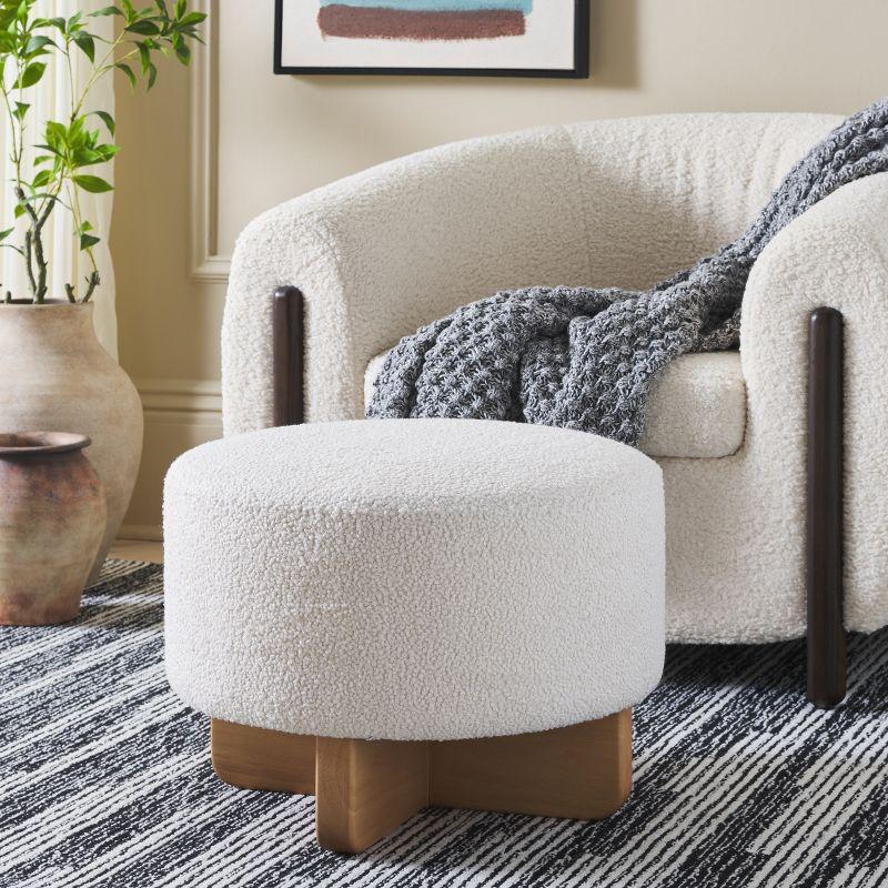 Riah Off White Boucle Round Ottoman with Natural Wood Base