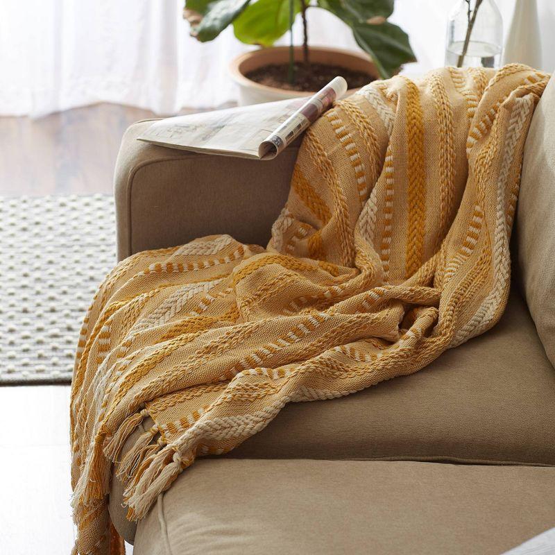 Honey Gold & White Cotton 50"x60" Braided Stripe Throw