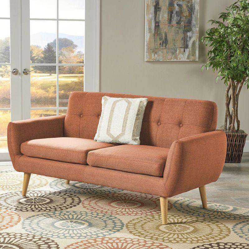 GDFStudio Sheena Mid Century Modern 67.25 " Upholstered Tufted 2 Seater Sofa, Burnt Orange/Natural Oak