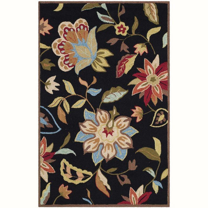 Handmade Black Floral Easy-Care Rectangular Area Rug