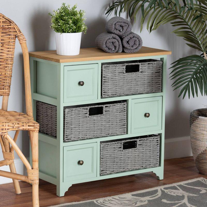 Mint Green and Oak Brown 3-Drawer Storage Unit with Wicker Baskets