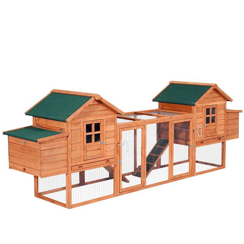 PawHut 124" Dual Chicken Coop, Wooden Large Chicken House, or Rabbit Hutch, Hen Poultry Cage Backyard with Outdoor Ramps and Nesting Boxes, Natural