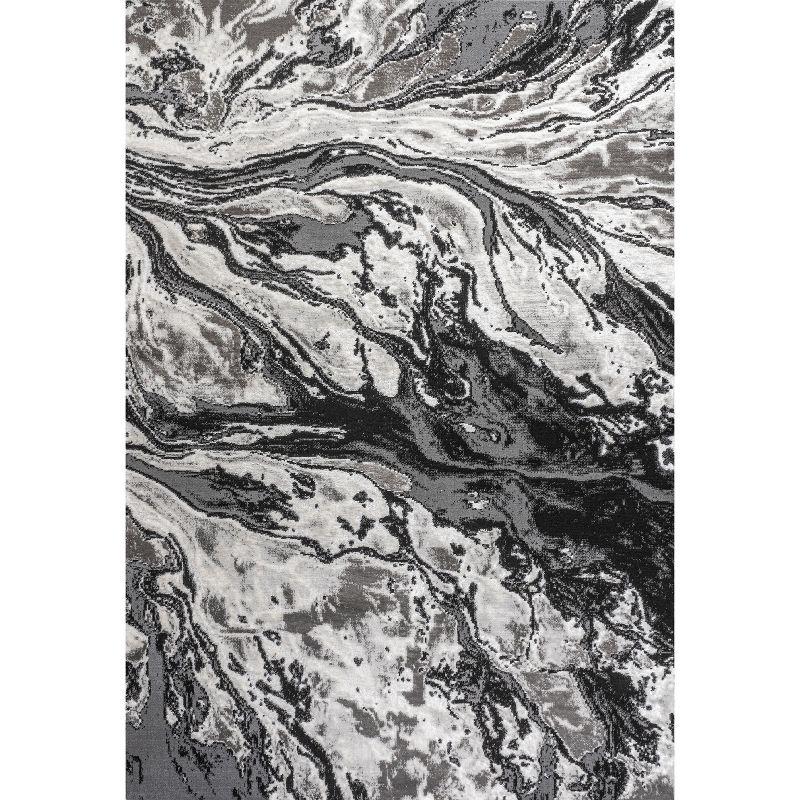 Abstract Swirl Marbled Black/Ivory 3x5 Synthetic Area Rug