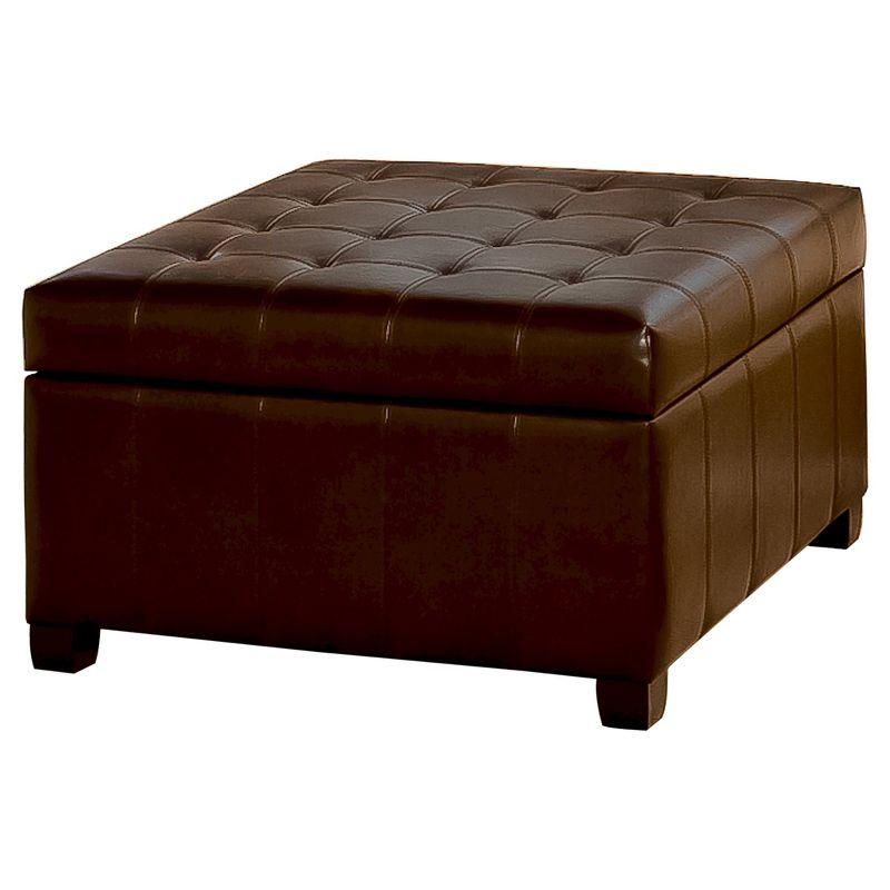 Elegant Round Brown Bonded Leather Tufted Storage Ottoman