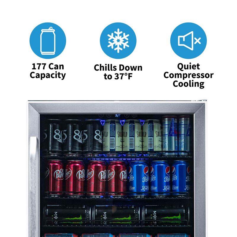 Newair 24" Built-in 177 Can Beverage Fridge in Stainless Steel with Precision Temperature Controls, Compact Drinks Cooler, Bar Refrigerator