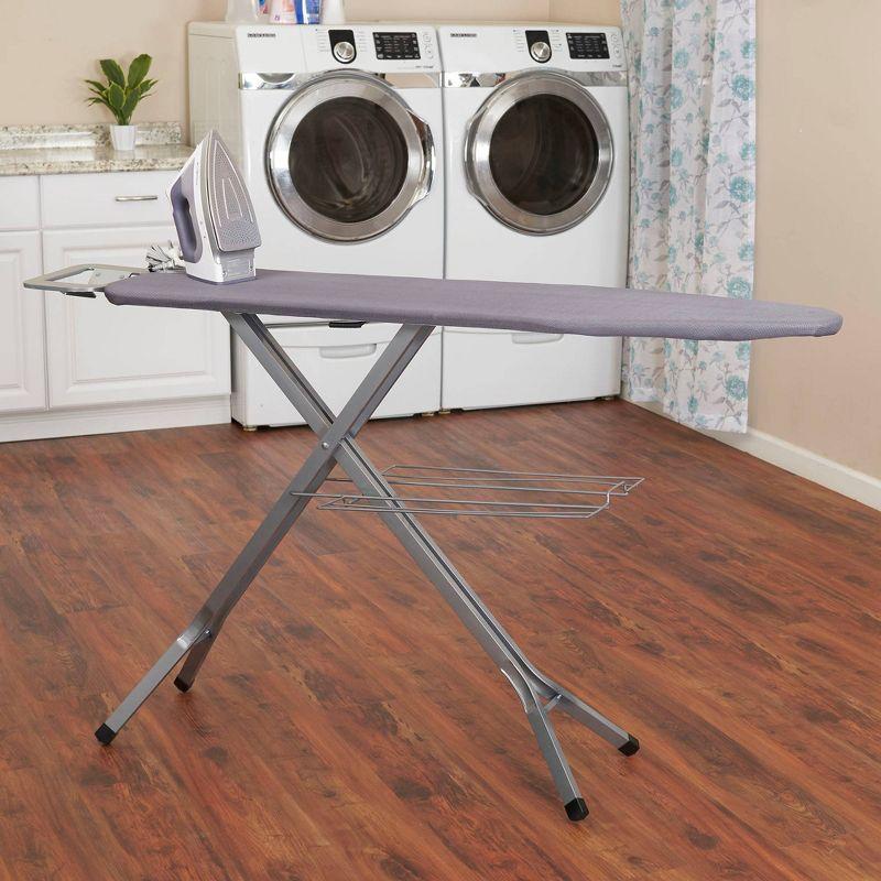 Household Essentials Ironing Center Mesh Steel Top Silver: Full Size Adjustable Ironing Board with Non-Slip Iron Rest