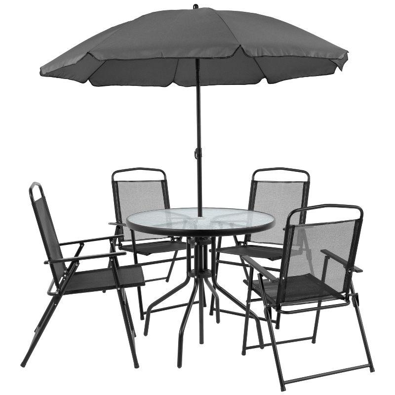 Black 4-Person Patio Garden Set with Umbrella and Folding Chairs