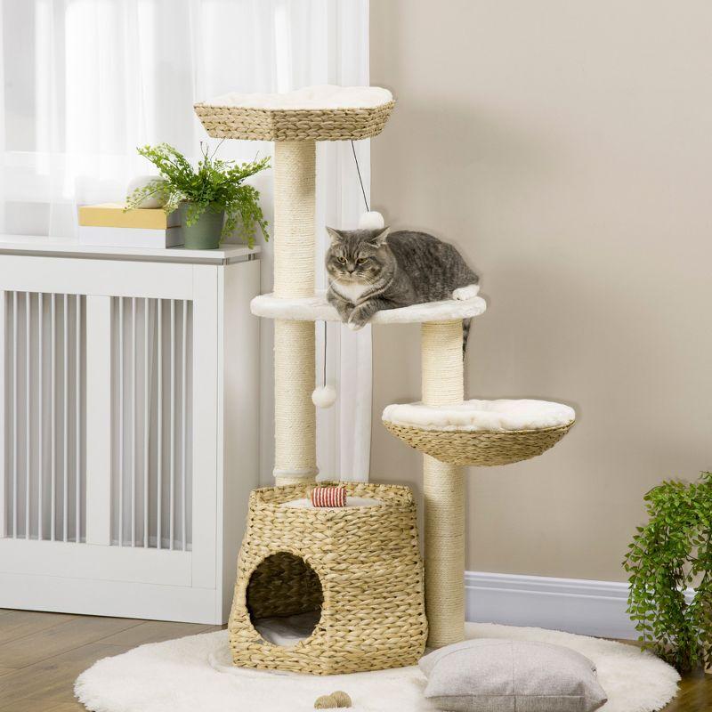 PawHut 47" Cat Tree Kitty Activity Center, Cat Climbing Toy with Cattail Fluff, Bed, Condo, Sisal Scratching Post, and Hanging Ball, Natural