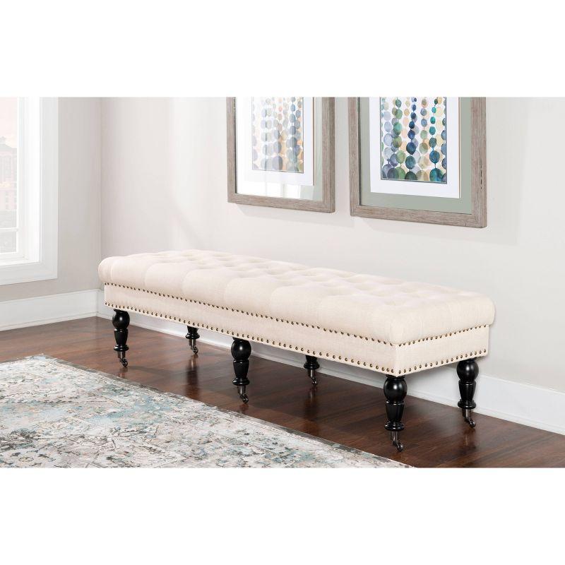 Isabelle 62'' Natural Linen Upholstered Bench with Bronze Nailheads