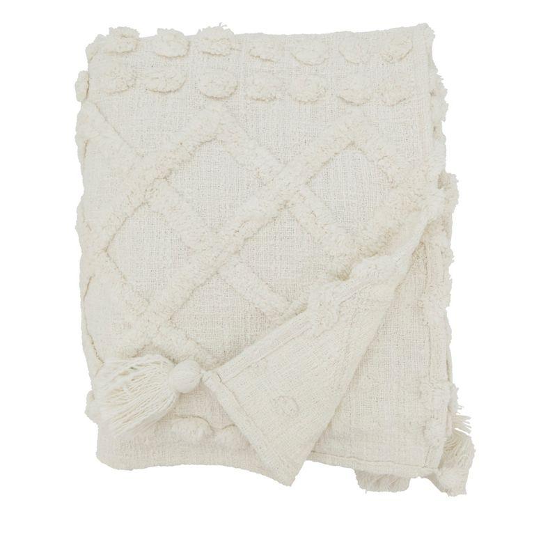 White Cotton Tufted Throw Blanket with Tassels, 50"x60"