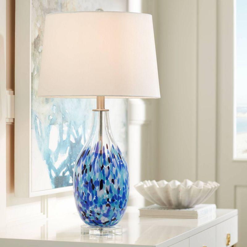 360 Lighting Marnie Modern Coastal Table Lamp 28" Tall Blue Art Glass White Fabric Drum Shade for Bedroom Living Room Bedside Nightstand Office House