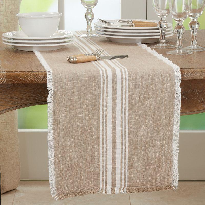 Beige Cotton Striped Fringe Table Runner, 13 x 72 inches