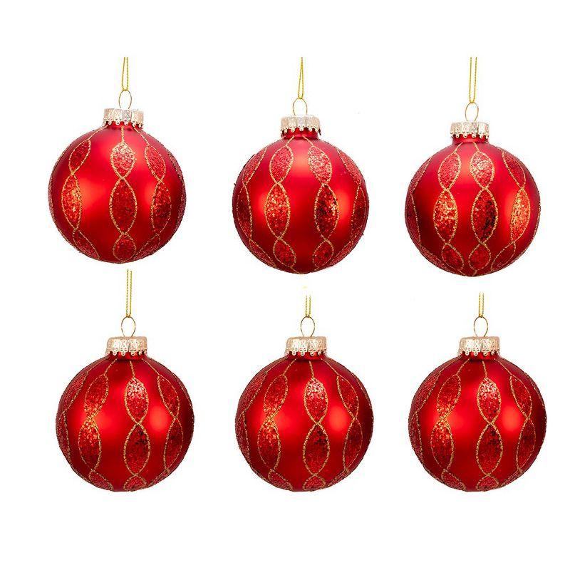 Red and Gold Glitter Glass Ball Christmas Ornaments, Set of Six