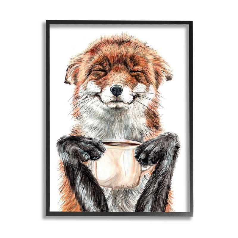 Happy Fox with Coffee Black Framed Canvas Print, 16 x 20