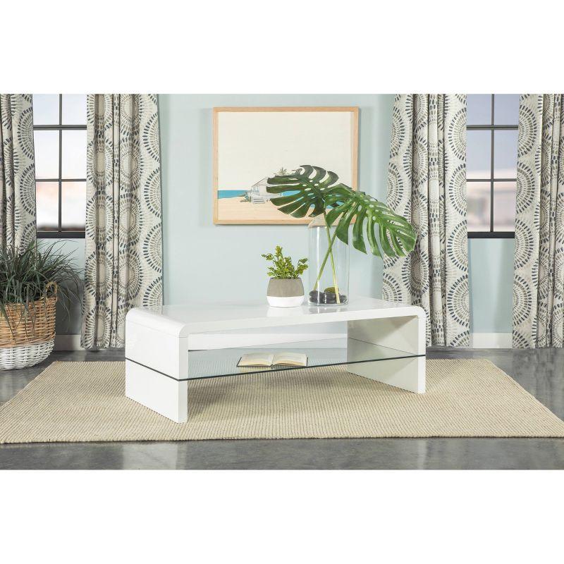 White High Gloss Rectangular Coffee Table with Glass Shelf