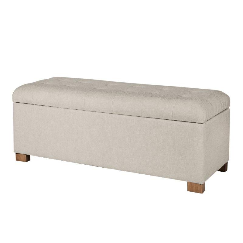 Beige Tufted Upholstered Storage Bench with Wood Legs