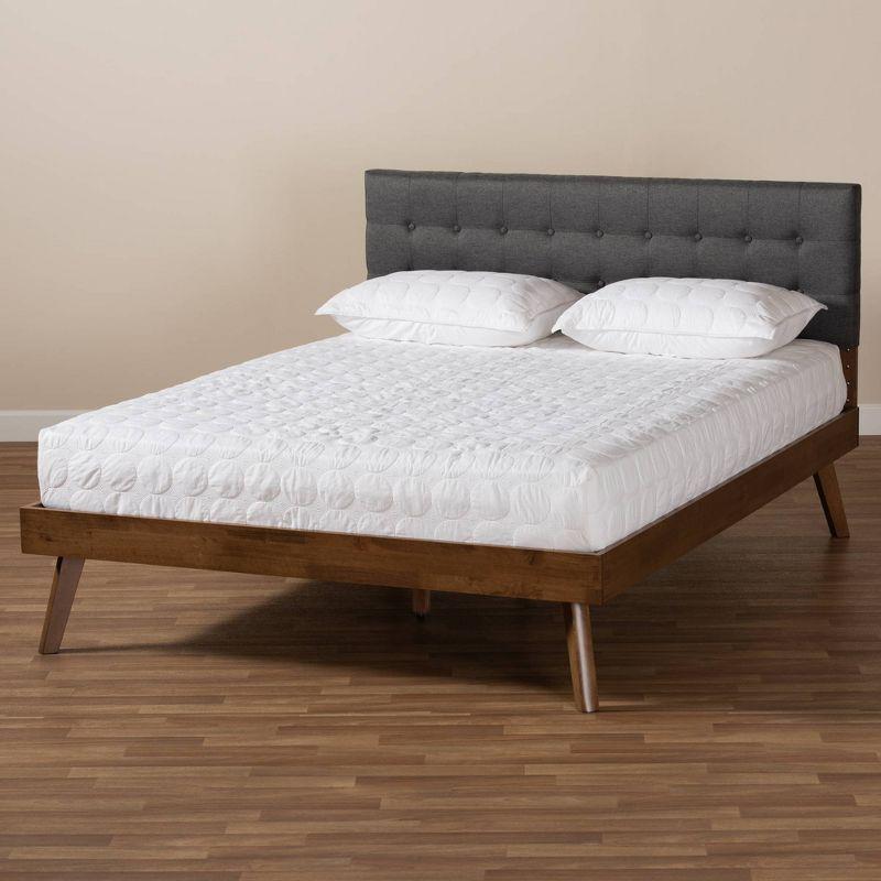 Devan Mid-Century Walnut & Dark Grey Tufted Full Platform Bed