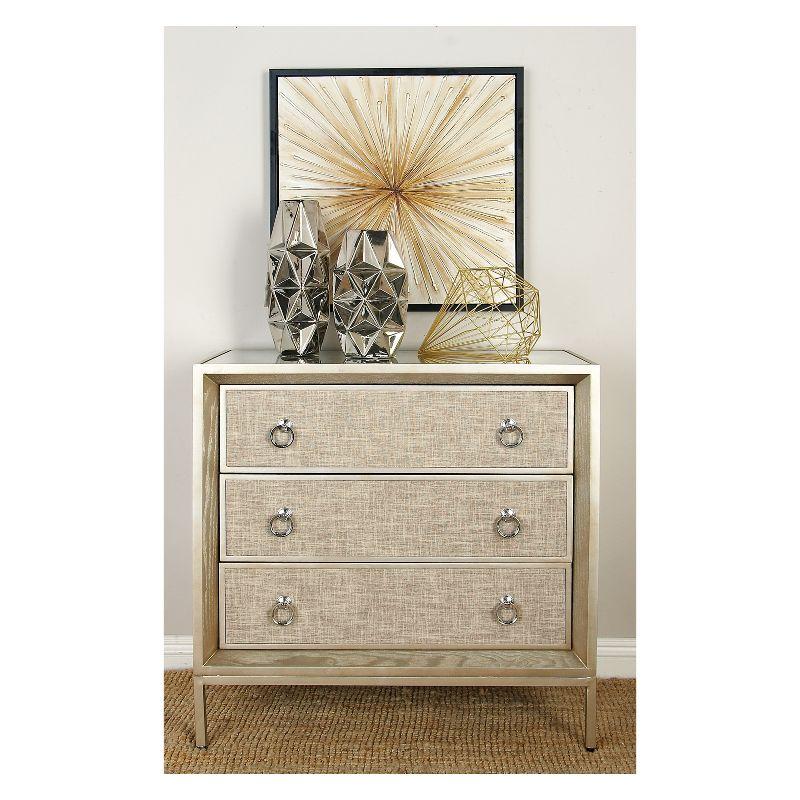 Imboden Wooden Upholstered Front Panel 3 Drawer Room Chest with Mirrored Top and Ring Handles