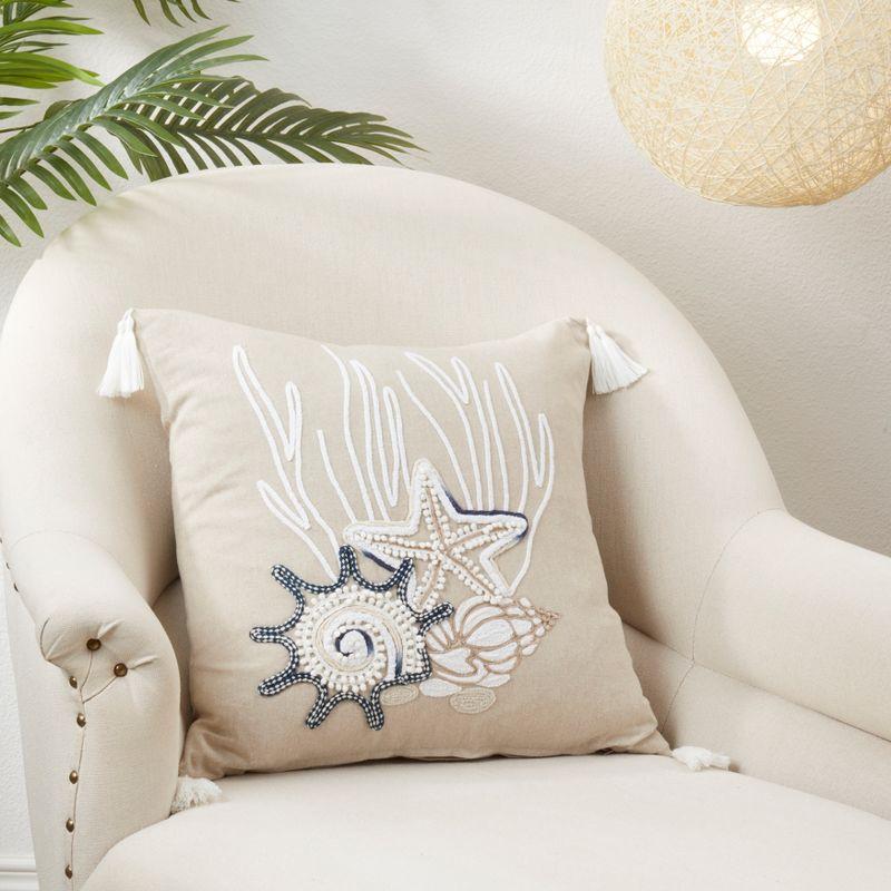 Beige Embroidered Coastal 18" Cotton Throw Pillow