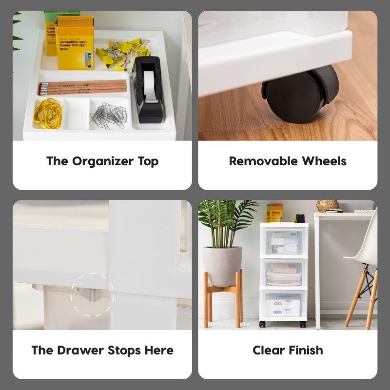 IRIS USA 3-Drawer Storage Cart with Organizer Top with Wheels, Plastic, White