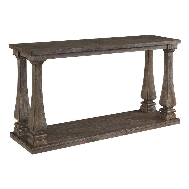 Johnelle Sofa Table Gray: Distressed Elm Veneer, Square Baluster Legs - Signature Design by Ashley